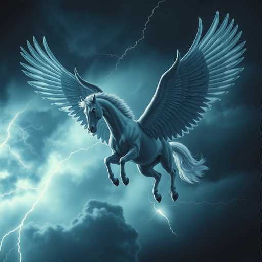 The image depicts a white Pegasus with wings spread wide and a tail swishing back and forth against a dark blue sky filled with lightning bolts. The Pegasus is positioned centrally in the frame, creating a sense of balance and symmetry within the composition.