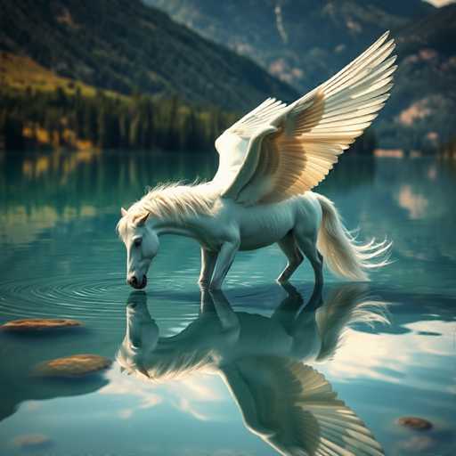 A captivating image features a majestic winged horse standing serenely in a tranquil lake. The horse, with its pristine white coat, has a flowing mane and a long, elegant tail. Its wings, a blend of white and brown, are gracefully extended, adding a mythical aura to the scene. The horse's head is bent down, drinking from the clear water, and ripples emanate from its nose, creating a gentle disturbance on the lake's surface. The horse's reflection is visible in the water, adding depth to the composition. Surrounding the lake are lush green trees, and in the background, a majestic mountain range stretches across the horizon. The mountains are a mix of green and brown hues, with patches of snow visible on the right side. The sky above is a brilliant blue, dotted with fluffy white clouds, completing this enchanting and serene landscape.