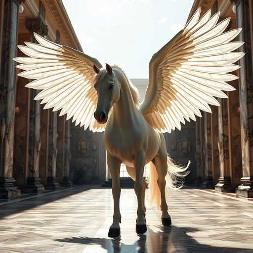 A majestic white horse with large wings and a long tail stands on a marble floor inside an ancient building. The horse is facing the camera directly, giving a clear view of its features. The background reveals columns and arches that add to the historical ambiance of the scene.