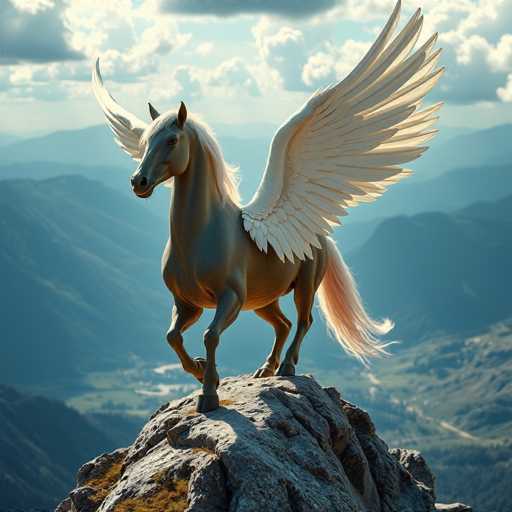 A majestic white horse with long blonde mane and tail stands on a rocky outcropping overlooking a valley below. The horse is facing the camera, giving a clear view of its striking features. In the background, mountains stretch across the horizon under a clear blue sky dotted with fluffy white clouds.