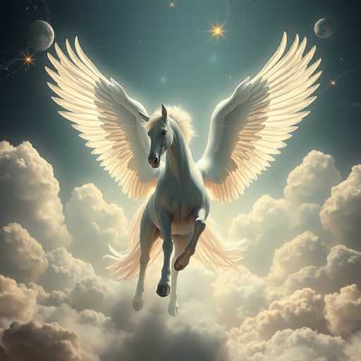 The image depicts a majestic white unicorn with large, ethereal wings, soaring through a dark, starry sky. The unicorn's wings are expansive, with feathers that transition from white to a soft yellow hue. Its mane and tail are a delicate blend of white and yellow, flowing gracefully behind it. The unicorn's front legs are raised, giving the impression of mid-flight, while its back legs remain grounded. The background features a gradient of dark blue to black, dotted with numerous stars, including a particularly bright yellow star near the top center. To the left, a crescent moon is visible, while to the right, another celestial body, possibly a planet, adds to the cosmic scene. Below the unicorn, fluffy white clouds form a stark contrast against the dark sky, enhancing the magical and otherworldly atmosphere of the image.