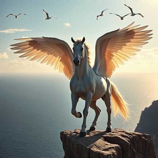 A white horse with golden wings stands on a rock overlooking the ocean at sunset. The horse is facing towards the right side of the image and appears to be in motion as it gallops across the rock. Above the horse are three seagulls flying in formation against the backdrop of the setting sun over the ocean, which casts a warm glow that enhances the overall beauty of the scene.