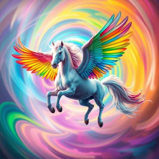 This vibrant, computer-generated image features a majestic white Pegasus horse with rainbow-colored wings, set against a swirling backdrop of pastel hues. The Pegasus, with its flowing white mane and tail, is captured in mid-flight, its front legs raised and back legs extended, giving the impression of dynamic motion. The wings, adorned with a spectrum of colors including red, orange, yellow, green, blue, purple, and pink, are spread wide, with the left wing appearing larger than the right. The background is a mesmerizing swirl of pastel colors—pink, purple, blue, green, yellow, and orange—creating a dreamy, almost psychedelic atmosphere. The Pegasus's head is turned to the left, and its expressive eyes and black hooves add to the enchanting, magical quality of the scene.