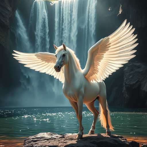 A white horse with large wings stands on a rock by a waterfall, facing the camera and gazing directly at it.
