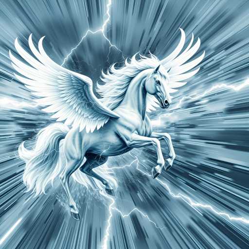 The image depicts a white unicorn with long, flowing hair and large wings, captured mid-jump against a blue background with white lightning bolts. The unicorn is positioned centrally within the frame, creating a sense of motion and dynamism.