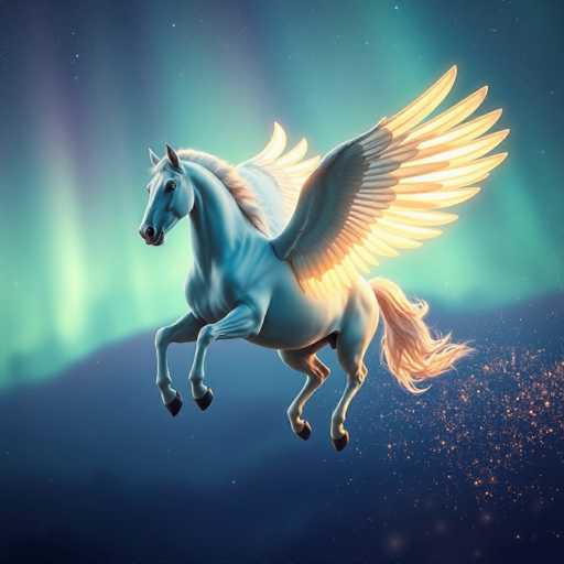 This image depicts a majestic white Pegasus soaring through a night sky illuminated by the ethereal glow of the Aurora Borealis. The Pegasus, with its large, radiant wings, appears to be flying towards the left side of the frame. Its mane and tail shimmer with a golden hue, contrasting beautifully against the backdrop of vibrant greens, purples, and blues of the Northern Lights. Below the Pegasus, a dark blue mountain range stretches across the horizon, while the ground beneath it glows with golden sparkles, adding a magical touch to the scene. The overall composition captures the mythical essence of the Pegasus in a fantastical, otherworldly setting.