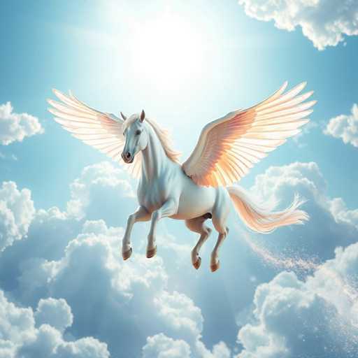 The image depicts a white horse with pink wings soaring through a sky filled with fluffy white clouds. The sun is shining brightly from the top left corner of the frame, casting a warm glow over the scene and highlighting the horse's majestic presence against the backdrop of the cloud-filled sky.