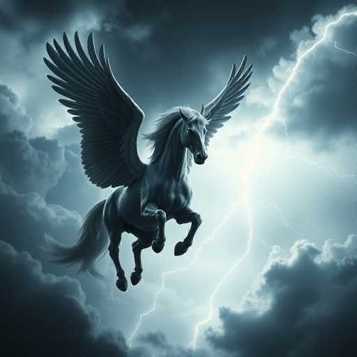 The image depicts a majestic winged horse soaring through a tumultuous, stormy sky. The horse, rendered in shades of gray, has its front legs raised and its back legs firmly planted, giving the impression of dynamic movement. Its wings are fully extended, with feathers meticulously detailed, and its mane flows dramatically behind it. The background is filled with dark, ominous clouds, creating a stark contrast against the bright, white lightning that illuminates the scene. The lightning bolt, striking from the upper right corner, adds a sense of drama and intensity to the image. The overall composition is square, with the horse positioned centrally, making it the focal point of this striking, computer-generated artwork.