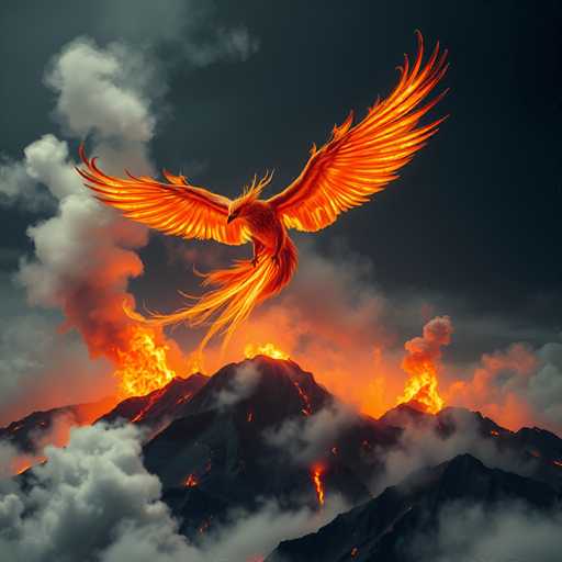A fiery red bird with orange wings is captured mid-flight over a mountainous landscape. The bird's wings are spread wide as it soars above a volcano, which is ablaze and emitting smoke and ash into the sky. The backdrop of the image is a dark gray sky filled with clouds, creating an intense and dramatic atmosphere.