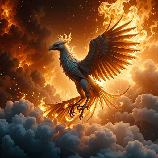 A majestic, fiery phoenix-like creature with glowing orange and blue feathers is soaring through a swirling cloudscape of vibrant oranges, reds, and blues. The creature's wings are outstretched, engulfed in flames that seem to emanate from within its body. The background is a mix of dark, swirling clouds and bright, ethereal light, creating a sense of power and majesty. The overall style is digital art with a fantasy aesthetic.
