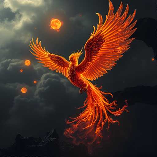 The image depicts a striking, computer-generated scene of a phoenix soaring through a dark, cloudy night sky. The phoenix, rendered in vibrant shades of orange, red, and yellow, is positioned centrally with its wings fully extended and its fiery tail streaming behind it. The bird's head is turned to the left, showcasing its intense gaze. Surrounding the phoenix are several glowing orbs, resembling moons or suns, which add to the mystical atmosphere. The background features a silhouette of jagged, rocky mountains at the bottom, enhancing the dramatic and otherworldly feel of the scene. The overall composition is rich in detail, with the fiery phoenix and luminous orbs contrasting beautifully against the dark, cloudy sky.