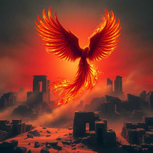 The image depicts a striking scene of a phoenix rising from the ashes of a ruined city. The phoenix, rendered in vibrant shades of red, orange, and yellow, dominates the center of the composition with its wings spread wide and head turned to the right. Its fiery tail feathers trail behind, adding to the dramatic effect. The background features a dark, smoky sky that transitions from deep reds to almost black at the edges, creating a sense of foreboding and intensity. Below, the cityscape is in ruins, with crumbling stone buildings and scattered debris, all bathed in a reddish glow from the setting sun. The ground is littered with rocks and rubble, emphasizing the devastation. The overall atmosphere is one of destruction and rebirth, symbolized by the mythical phoenix emerging from the ashes.