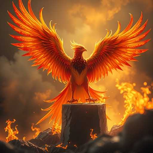 The image depicts a majestic phoenix, a mythical bird of fire, standing triumphantly atop a large, dark gray stone block. The phoenix, with its wings spread wide, showcases an impressive display of vibrant orange, yellow, and red feathers. Its body is predominantly yellow, with a striking black chest and a head adorned with yellow feathers that curl back. The bird's sharp, yellow beak and piercing yellow eyes add to its fierce appearance. Its powerful legs are yellow with black claws, firmly gripping the stone block. Surrounding the phoenix are numerous flames, with fire rising from the ground and leaping into the air, creating a dramatic and intense atmosphere. The background features a dark, cloudy sky with hints of orange and yellow light piercing through, enhancing the fiery theme of the scene. The overall composition captures the essence of the phoenix rising from the ashes, symbolizing rebirth and power.