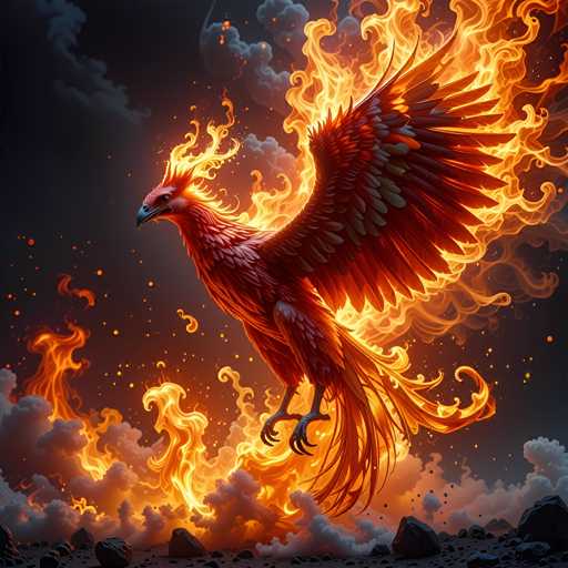 A fiery phoenix, engulfed in vibrant orange and red flames, soars against a dark, stormy sky. The bird's wings are outstretched, and its feathers appear to be made of glowing embers. Below, dark rocks are partially obscured by swirling smoke and sparks. The art style is digital painting with a focus on dynamic lighting and intense detail, creating a powerful and dramatic scene.