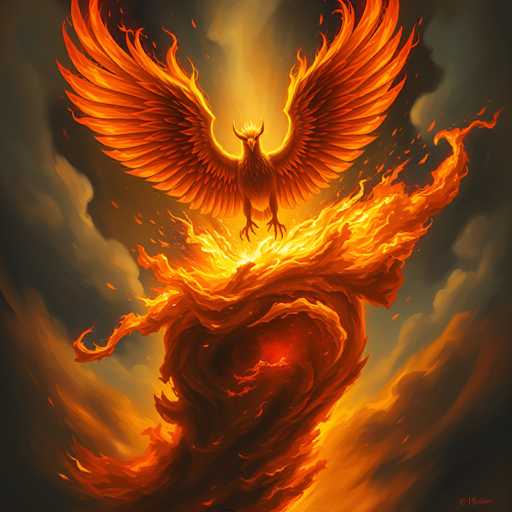 A majestic phoenix, engulfed in vibrant flames, dominates the artwork. The bird's wings are outstretched, showcasing fiery orange and yellow feathers with glowing eyes. Below, a swirling vortex of flames forms the phoenix's body, rising upwards. The style is painterly and dramatic, with a focus on intense light and dynamic movement, conveying a powerful sense of rebirth and energy.