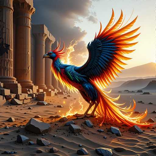 The image depicts a fantastical scene set in a desert landscape reminiscent of ancient Egypt. Dominating the foreground is a majestic bird, likely an eagle, adorned with vibrant blue feathers and striking red plumage. Its wings are outstretched, revealing a fiery glow at the tips, and its tail feathers fan out in a display of golden and orange hues. The bird's head is turned to the left, showcasing a sharp, curved beak and piercing yellow eyes.

The bird stands on a sandy terrain scattered with large, gray boulders. To the left, the remnants of an ancient structure are visible, featuring tall, cylindrical columns that hint at a long-lost civilization. The sky above is a dramatic mix of dark, stormy clouds on the left and a bright, glowing sun on the right, casting an ethereal light over the scene. In the background, a range of mountains stretches across the horizon, completing this otherworldly tableau.