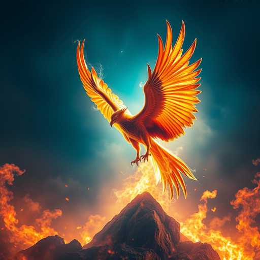 The image depicts a majestic phoenix rising from the ashes of a volcanic eruption. The phoenix, with its wings spread wide, is adorned in vibrant hues of orange, yellow, and red. Its body is primarily orange, with the tips of its wings and tail feathers glowing in a brilliant yellow. The bird's head is turned to the left, showcasing its sharp beak and piercing eyes. Below the phoenix, a massive plume of fire erupts from the volcano, with flames in shades of orange, yellow, and red. The volcano's dark, rocky surface contrasts sharply with the fiery eruption. The background sky transitions from a deep blue at the edges to a lighter blue near the center, creating a dramatic backdrop for the scene. The phoenix appears to be soaring upwards, symbolizing rebirth and renewal amidst the chaos of the volcanic eruption.