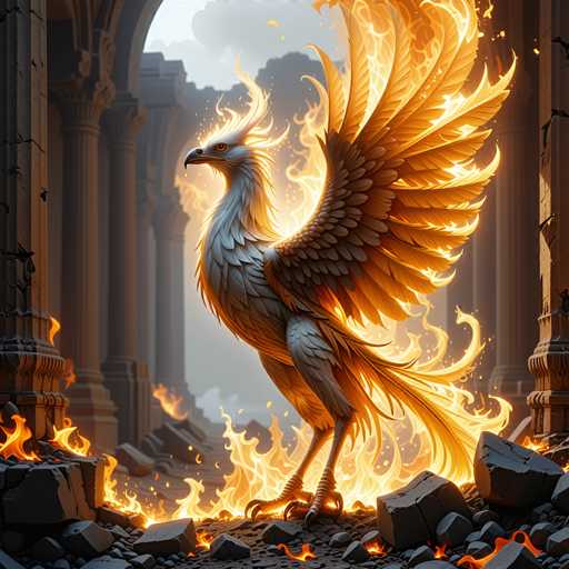 The image depicts a majestic phoenix, a mythical bird known for its ability to rise from its own ashes. The phoenix is perched on a pile of dark, jagged rocks, its body primarily white with a striking black beak. Its wings are spread wide, revealing a gradient of colors from white to dark brown, with the tips glowing in an intense orange hue, as if they are ablaze. The bird's piercing red eyes add to its fierce and mystical appearance.

Surrounding the phoenix, the ground is littered with more rocks, some of which are also engulfed in flames, creating a dramatic and fiery scene. The background features a grand, ancient structure with tall, brown columns and archways, suggesting a long-abandoned castle or cathedral. The sky above is overcast with dark, gray clouds, adding to the overall somber and mystical atmosphere of the image. The phoenix stands as the central figure, symbolizing rebirth and resilience amidst the ruins and flames.