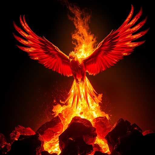 The image depicts a red-headed phoenix with its wings spread wide open and perched on top of a pile of rocks that are ablaze with fire. The background is dark and shrouded in smoke, creating an intense atmosphere around the phoenix.