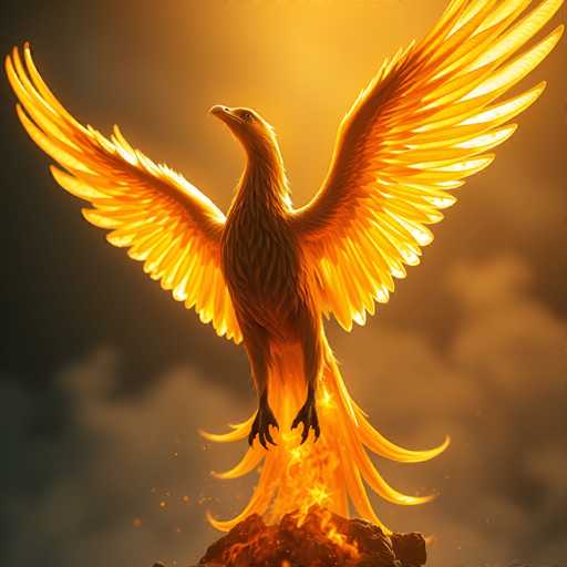 A majestic phoenix, engulfed in flames and rising from ashes, stands in a dramatic, glowing pose. The bird's feathers are vibrant shades of orange and gold, radiating intense heat and light. Its wings are outstretched in a powerful display, while its head is held high with an expression of strength and resilience. The background is a dark, smoky sky, contrasting with the bright flames surrounding the phoenix. Sparks and embers drift around the bird, adding to the dynamic and ethereal atmosphere. The overall style is a blend of fantasy art and digital painting, emphasizing dramatic lighting and intricate details.