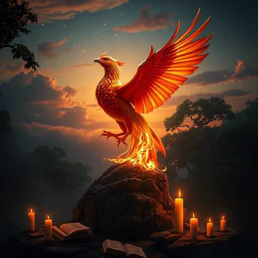 The image depicts a striking scene of a majestic phoenix perched atop a large, dark brown rock. The phoenix, with its wings spread wide, is predominantly orange with yellow and red accents, and its tail feathers are ablaze with fiery hues. Its head is turned to the left, showcasing a sharp, curved beak and piercing yellow eyes. The bird's claws are extended, gripping the rock firmly.

Surrounding the base of the rock are several tall, white candles, each with a small flame, casting a warm glow over the scene. Among the candles are open books, their pages illuminated by the candlelight. The background features a dark, starry sky with clouds tinged in shades of orange and yellow, suggesting a sunset or sunrise. The silhouettes of trees can be seen in the distance, adding depth to the composition. The overall atmosphere is one of mystical beauty and serene power, capturing the essence of the phoenix rising from the ashes.