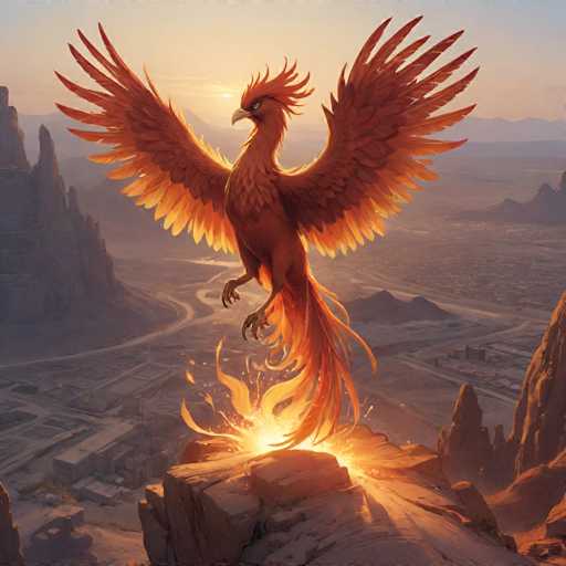 The image depicts an orange bird with a large head and wings spread wide, standing on the edge of a cliff overlooking a desert landscape. The bird is facing towards the right side of the image, as if ready to take flight or surveying its surroundings. The background features mountains in the distance under a clear blue sky, creating a sense of depth and vastness.