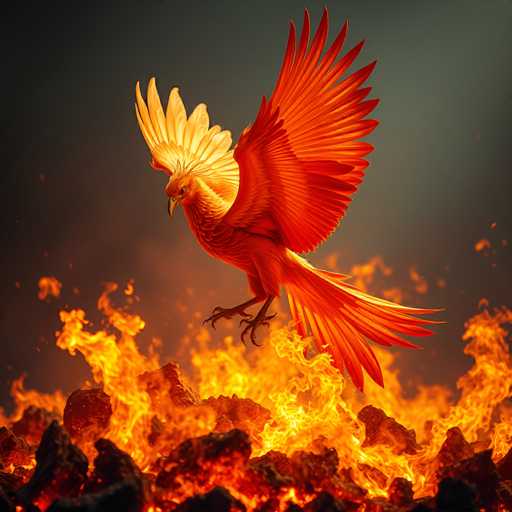 The image depicts a striking scene of a phoenix rising from the ashes. The phoenix, a mythical bird known for its ability to be reborn from its own ashes, is captured in mid-flight. Its body is predominantly a vibrant red, with a head that transitions to a bright yellow. The bird's wings are outstretched, showcasing a gradient from red to yellow at the tips, while its tail feathers fan out in a mix of red and yellow. The phoenix's sharp, curved beak and piercing yellow eyes add to its fierce appearance.

Below the phoenix, a roaring fire rages, with flames in hues of yellow, orange, and red. The fire appears to be consuming a bed of dark, almost black rocks, which are visible at the bottom of the image. The background is a deep, dark gray, almost black, which contrasts sharply with the intense colors of the fire and the phoenix. The overall composition creates a dramatic and powerful visual, symbolizing renewal and rebirth amidst destruction.