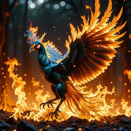 A majestic phoenix, engulfed in flames and surrounded by glowing embers, stands with its wings spread wide. The bird's plumage is a vibrant mix of deep blues and fiery oranges, with sharp, crystalline feathers that seem to shimmer in the heat. The background is a dark, blurred forest with soft bokeh lights suggesting distant trees and perhaps moonlight filtering through the foliage. The overall atmosphere is one of intense power, rebirth, and a touch of mystical energy.