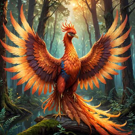 The image depicts a majestic, mythical bird resembling a phoenix, standing on a moss-covered log in a serene forest setting. The bird's plumage is a striking blend of vibrant orange, yellow, and brown, with hints of blue on its wings. Its wings are fully spread, showcasing an impressive array of feathers that transition from orange at the base to yellow and brown at the tips. The bird's head is adorned with a distinctive crest of orange feathers, and it has a sharp, yellow beak. Its long, flowing tail feathers extend gracefully, adding to its regal appearance. The bird's yellow legs and claws are firmly planted on the log, which is surrounded by lush greenery and ferns. In the background, a tranquil pond reflects the surrounding trees, creating a picturesque and peaceful scene. The overall composition highlights the bird's grandeur and the natural beauty of its woodland habitat.
