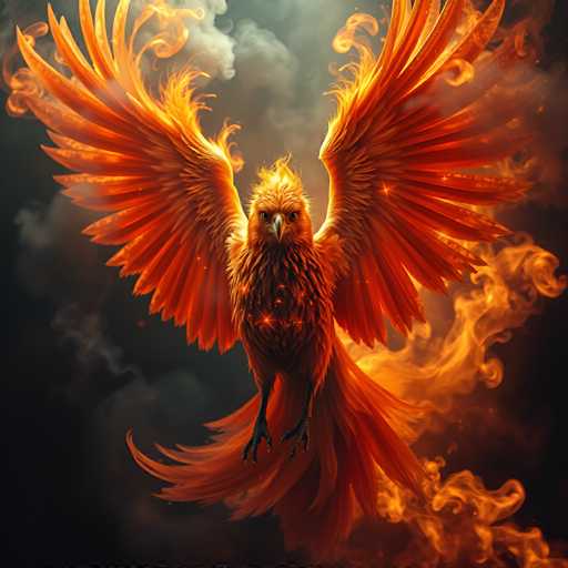 The image depicts a majestic red bird with wings spread wide and fiery orange feathers, soaring through the sky against a backdrop of dark clouds. The bird is positioned centrally within the frame, drawing the viewer's attention to its striking appearance.