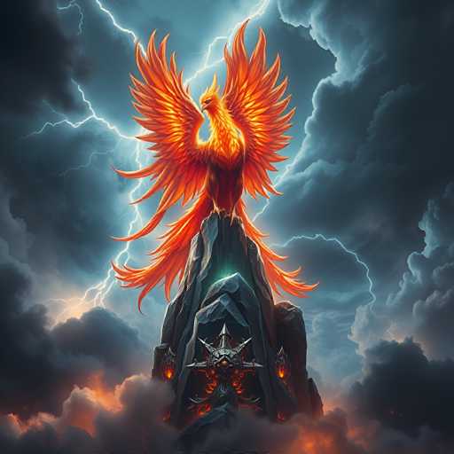 The image depicts a striking, computer-generated scene featuring a majestic phoenix perched atop a jagged, dark gray rock formation. The phoenix, with its fiery orange and yellow plumage, stands with its wings spread wide, exuding an aura of power and rebirth. Its long, flowing tail feathers cascade down the rock, adding to its grandeur. The background is a tumultuous sky filled with dark, stormy clouds, illuminated by vivid bolts of lightning that crackle around the bird. Below the phoenix, a metallic, silver cross-like structure with a central diamond shape and four protruding arms adds an element of mystique to the scene. The overall composition is dramatic and intense, with the fiery phoenix emerging from the darkness of the stormy clouds, symbolizing hope and renewal amidst chaos.