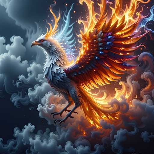 The image depicts a fantastical creature that appears to be a hybrid of a bird and a dragon, set against a dark, cloudy night sky. The creature has a white head with a sharp, curved beak and piercing red eyes. Its body is predominantly white, transitioning to a darker gray towards the legs. The creature's wings are expansive and dramatic, with the upper portion being a light blue adorned with white dots, while the lower part is a vibrant mix of red, orange, and yellow, resembling flames. The tail feathers are also ablaze, adding to the fiery appearance. The creature is in mid-flight, with its talons extended as if ready to grasp something. Surrounding the creature are swirling clouds, enhancing the mystical and otherworldly atmosphere of the scene.