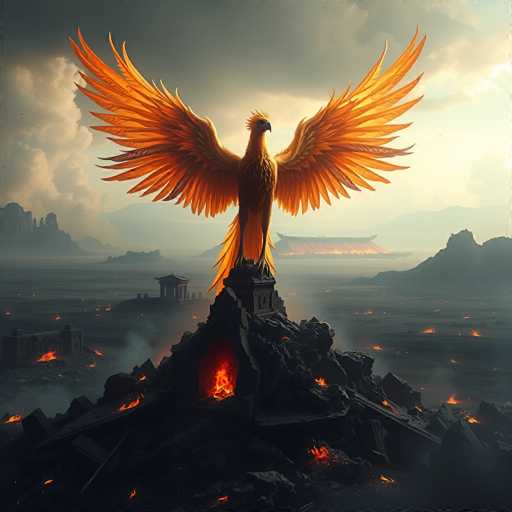 A majestic phoenix, its feathers ablaze with fiery orange and gold, stands atop a crumbling, volcanic-like structure. The phoenix's wings are outstretched in a powerful, upward motion, and its head is held high with an intense gaze. The background depicts a desolate, post-apocalyptic landscape – a vast, barren plain with distant mountains shrouded in hazy smoke and ash. The sky is a mix of warm oranges, yellows, and muted grays, suggesting a dramatic sunset or the aftermath of a catastrophic event. The overall mood is one of resilience, rebirth, and perhaps a touch of melancholy amidst the destruction.