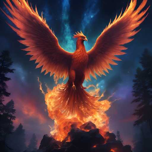 A majestic phoenix, engulfed in flames and rising from a fiery pyre, dominates the frame. The bird's vibrant plumage is a rich, fiery orange and red, with glowing embers visible within its feathers. Its wings are spread wide, showcasing the intense heat and power of the flames surrounding it. The phoenix's head is held high, with piercing eyes looking upwards towards a dark, swirling sky. The background features a dramatic contrast of deep blue and purple hues in the sky, with hints of fiery orange and red clouds adding to the overall intensity. The scene is set amidst a dark, mystical forest with tall pine trees silhouetted against the fiery backdrop. The overall mood is one of rebirth, power, and awe-inspiring transformation.