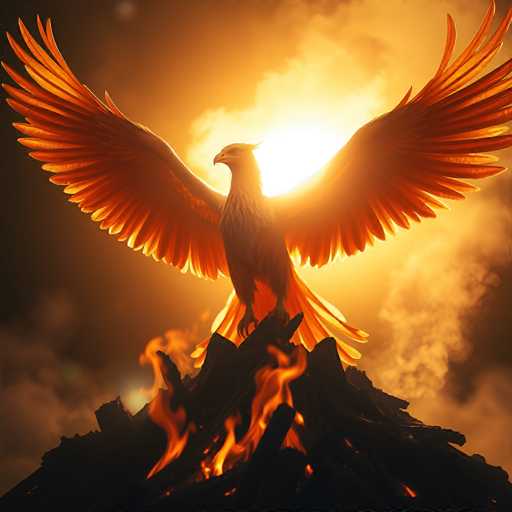 The image depicts a majestic phoenix, a mythical bird known for its ability to rise from its own ashes. The phoenix is perched atop a pile of smoldering, blackened wood, with vibrant flames leaping around its feet. Its wings are fully outstretched, displaying a stunning array of orange, yellow, and red feathers that seem to glow from within. The bird's body is predominantly white, with a sharp, curved beak and piercing eyes that gaze to the left. The background features a dramatic sky, transitioning from a bright, glowing sun at the center to darker hues of orange and brown, with wisps of smoke rising from the burning wood. The overall scene is a striking blend of intense colors and dynamic elements, capturing the essence of the phoenix's rebirth and power.