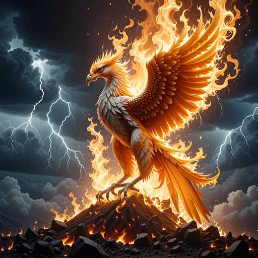 The image depicts a majestic phoenix, a mythical bird known for its ability to rise from the ashes of its predecessor. This phoenix is perched on a pile of smoldering, blackened rocks, with flames licking up from the ground beneath it. The bird's plumage is a striking combination of white and golden hues, with its head adorned in golden feathers that transition to white around its neck. Its wings are a brilliant golden color, and its tail feathers fan out in a fiery display. The phoenix's beak is sharp and black, and its eyes are a piercing brown, exuding a fierce and determined expression. The background is a tumultuous sky filled with dark, roiling clouds, from which lightning bolts streak down ominously. The overall scene is one of intense drama and power, capturing the essence of the phoenix's legendary rebirth from the ashes.