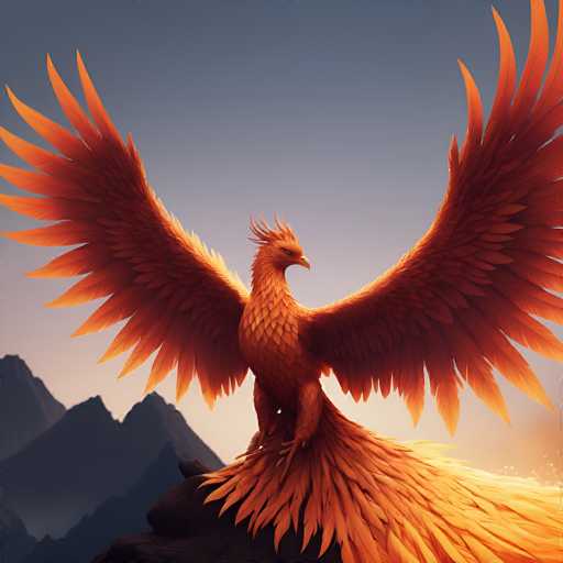 A majestic, fiery orange phoenix with outstretched wings dominates the frame. It perches on a dark rock, silhouetted against a soft, warm sunset sky with distant, hazy mountains. The art style is digital painting, emphasizing dramatic lighting and a sense of power and ethereal beauty.