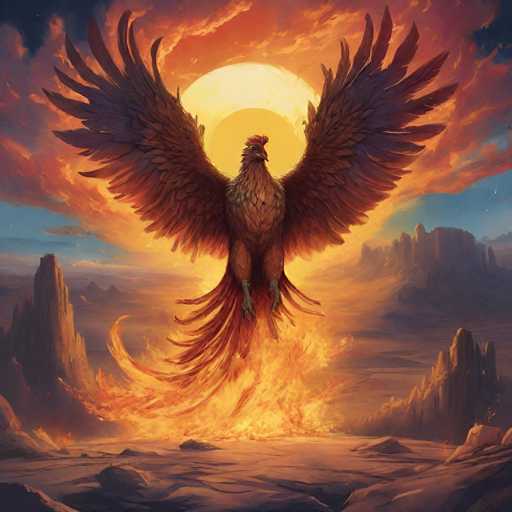 The image depicts a fantastical scene featuring a giant bird, resembling a phoenix, with its wings spread wide and claws extended as if poised to land. The bird, which has a striking red mohawk-like crest, is rendered in shades of brown and orange, with a fiery tail that appears to be ablaze. The background showcases a dramatic sunset with a large, glowing yellow sun partially obscured by clouds, casting an orange hue across the sky. The setting is a rugged, desert-like landscape with jagged, rocky formations and a flat, sandy ground. The overall atmosphere is one of intense heat and otherworldly beauty, with the bird seemingly emerging from a fiery explosion amidst the rocky terrain.