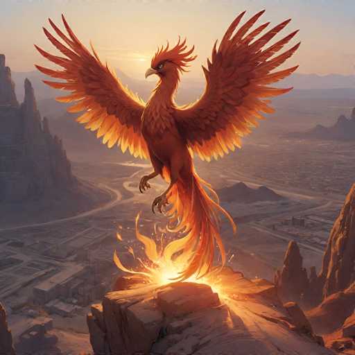 A majestic phoenix, engulfed in flames and radiating fiery energy, stands proudly atop a jagged rock formation overlooking a vast, desolate landscape. The phoenix's wings are spread wide, showcasing vibrant orange and red feathers that seem to glow with an inner light. The flames around its body are intense, casting a warm, golden hue on the surrounding rocks and landscape. The background features a hazy, sunset-like sky with soft oranges and pinks, suggesting a dramatic, possibly apocalyptic setting. The overall impression is one of power, rebirth, and resilience.