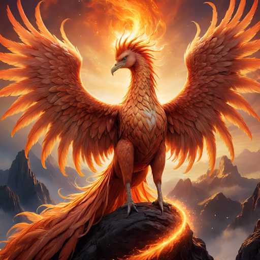A majestic phoenix, with fiery orange plumage and glowing embers, stands proudly on a dark, rocky surface. Its wings are fully outstretched, radiating intense heat and light. The background features a dramatic, hazy landscape with distant mountains bathed in warm, golden sunlight. The overall atmosphere is one of power, rebirth, and intense energy.