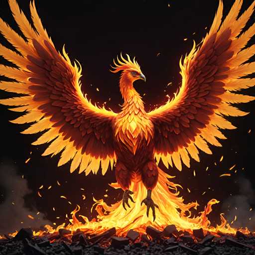 The image depicts a majestic phoenix with its wings spread wide open and its body turned towards the left side of the frame. The bird's vibrant orange feathers contrast sharply against the dark background, which is illuminated by flames that are burning brightly in the bottom right corner.