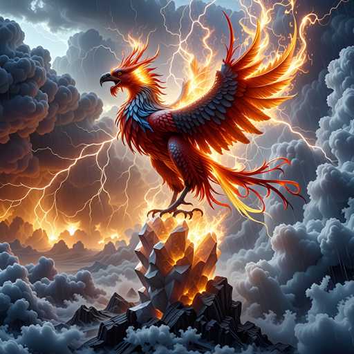 A majestic phoenix, engulfed in fiery orange and blue flames, stands proudly atop a jagged, glowing rock formation amidst a stormy sky. The phoenix's feathers are vibrant and detailed, with sharp, glowing edges that seem to crackle with energy. Lightning bolts streak across the dark, swirling clouds surrounding it, illuminating the dramatic scene. The background features a landscape of dark, mountainous terrain partially obscured by clouds, with hints of an orange horizon suggesting a powerful sunset or sunrise. The overall style is highly detailed and fantastical, with a focus on dramatic lighting and dynamic energy.