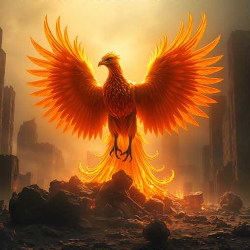 The image depicts a majestic phoenix rising from the ashes of a destroyed city. The phoenix, with its wings spread wide, is adorned in vibrant hues of orange, yellow, and red. Its fiery tail, composed of swirling flames, adds to the dramatic scene. The bird stands on a pile of rubble, symbolizing its rebirth from the remnants of destruction. In the background, the silhouettes of damaged buildings can be seen, emphasizing the contrast between the phoenix's vibrant life and the surrounding devastation. The overall composition captures the essence of hope and renewal in the face of adversity.