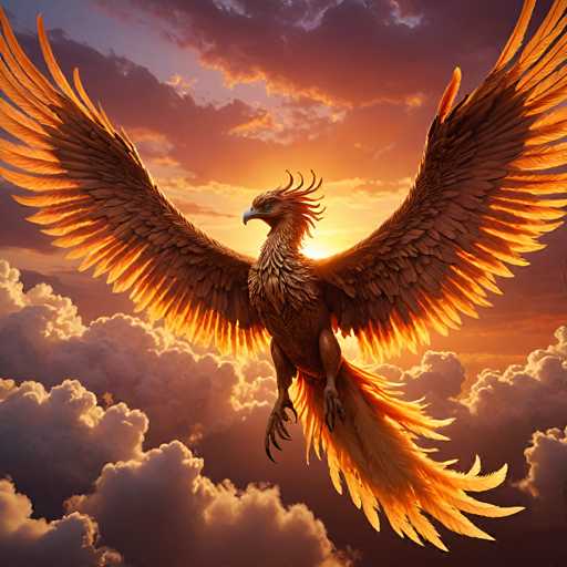 This image depicts a majestic, mythical creature that appears to be a hybrid between a bird and a dragon. The creature is soaring through a sky filled with clouds, with the sun casting a warm glow behind it. Its body is primarily brown, adorned with intricate, fiery orange feathers that extend from its head down to its tail, giving it a vibrant and dynamic appearance. The creature's wings are fully outstretched, showcasing a mix of brown and orange feathers that seem to glow with an inner fire. Its head features a sharp, curved beak and piercing eyes, while its long, clawed feet are extended as if it's in mid-flight. The overall scene is set against a backdrop of a sunset, with the sky transitioning from blue to orange hues, enhancing the ethereal and magical quality of the image.