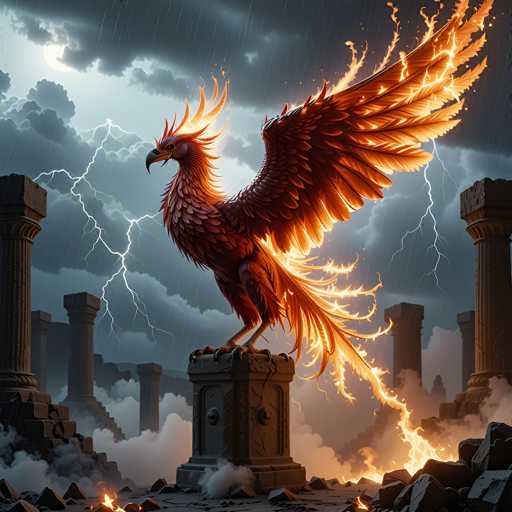 The image depicts a majestic phoenix, a mythical bird, perched on a dark gray stone pedestal amidst the ruins of an ancient city. The phoenix, with its wings spread wide, is engulfed in flames, its fiery feathers glowing a brilliant orange and yellow. Its head, adorned with a striking red crest, faces left, showcasing a sharp, black beak. The bird's body is covered in brown feathers, and its long, fiery tail extends to the right, with flames reaching down to the ground. Surrounding the pedestal are scattered rocks and remnants of broken pillars, hinting at the grandeur of a long-lost civilization. The sky above is dark and stormy, filled with ominous gray clouds, from which lightning bolts streak down, illuminating the scene with a dramatic glow. The overall atmosphere is one of ancient destruction and mythical rebirth, captured in vivid detail.