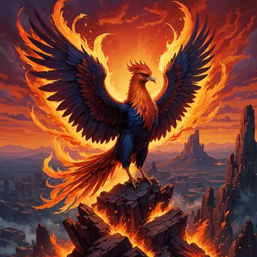 The image depicts a majestic phoenix perched atop a jagged rock formation in the midst of a cityscape. The phoenix, with its striking blue body and fiery orange head and neck, stands out prominently against the backdrop. Its wings are spread wide, revealing a mix of blue and orange feathers, while its long, flowing tail feathers fan out behind it, blending shades of blue and orange. Flames lick the edges of its wings and tail, emphasizing its mythical nature. The bird's sharp, curved beak and piercing eyes add to its fierce appearance. Surrounding the phoenix, the cityscape is engulfed in flames, with buildings and skyscrapers on the left and right sides of the image appearing to be on fire. The sky above is a dramatic blend of orange and gray, with dark clouds adding to the apocalyptic atmosphere. The entire scene exudes a sense of chaos and destruction, with the phoenix emerging as a symbol of rebirth amidst the fiery devastation.