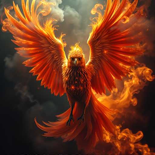 The image depicts a majestic phoenix, a mythical bird known for its ability to rise from its own ashes. This particular phoenix is portrayed in a striking, computer-generated style, with its body and wings composed entirely of vibrant flames. The bird's plumage is a mesmerizing blend of orange and yellow hues, with the fiery feathers appearing to glow intensely. The phoenix's head is adorned with a particularly bright flame, giving it an almost crown-like appearance. Its beak is sharp and black, contrasting with its piercing yellow eyes that seem to stare directly at the viewer. The bird's legs are long and black, ending in sharp claws. Surrounding the phoenix is a swirling mass of smoke, adding to the dramatic and mystical atmosphere of the scene. The background is dark, emphasizing the phoenix's fiery presence and making it the focal point of the image.