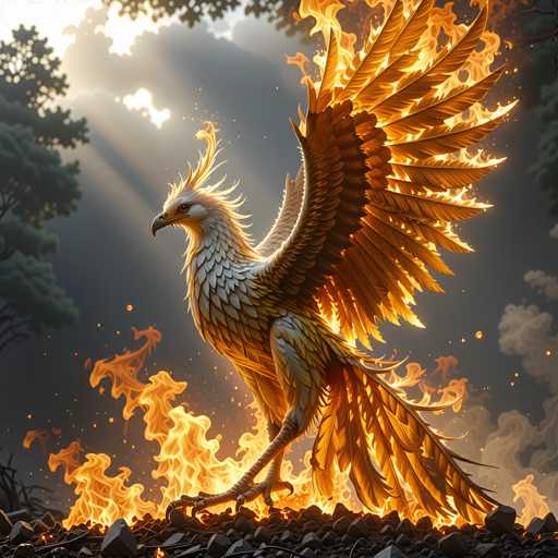 The image depicts a majestic phoenix, a mythical bird known for its ability to rise from the ashes. This phoenix is perched on a bed of smoldering embers, its body adorned with pristine white feathers that contrast sharply with the fiery backdrop. The bird's wings are outstretched, revealing a gradient of feathers that transition from white at the base to a rich brown at the tips. Its long, elegant tail feathers fan out behind it, also ablaze with vibrant flames. The phoenix's head is turned to the left, showcasing a sharp, curved beak and piercing eyes that seem to gaze directly at the viewer. Surrounding the bird are wisps of smoke and embers, adding to the dramatic atmosphere. In the background, a dark, cloudy sky looms, with rays of sunlight piercing through the gloom, casting an ethereal glow upon the phoenix. The scene is set against a rocky terrain, emphasizing the bird's powerful presence amidst the remnants of its previous life.