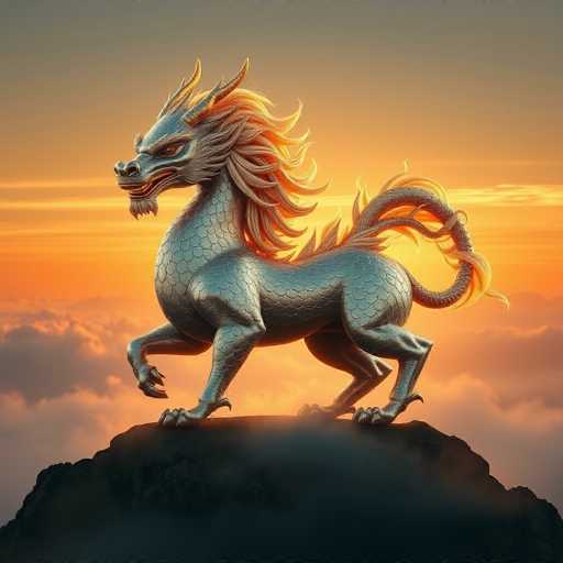 A majestic Qilin, a mythical creature of China, stands proudly atop a misty mountain peak at sunrise. Its coat shimmers with silver and gold, its mane a flowing cascade of iridescent colors. The Qilin's body is powerfully built, with a serene and wise expression. The overall style is hyper-realistic, capturing the creature's intricate details with stunning clarity.
