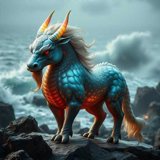 This image features a highly detailed, computer-generated 3D rendering of a mythical creature, blending elements of a horse, dragon, and unicorn. The creature stands majestically on a rocky outcrop, its body adorned with intricate blue scales that shimmer with a metallic sheen. Its chest and belly are a striking orange, adding a vibrant contrast to its overall appearance. The creature's head is turned to the left, showcasing its fierce red eyes and a long, flowing white mane that cascades down its neck and back. Two prominent horns, striped in shades of orange, yellow, and blue, protrude from its head, adding to its mythical aura. The creature's tail is equally impressive, featuring a mix of white and blue scales that end in a fluffy, white tuft. The background sets a dramatic scene with a tumultuous ocean, crashing waves, and dark, stormy clouds looming overhead, enhancing the creature's powerful and otherworldly presence.